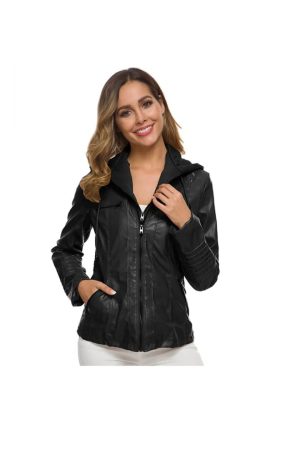 Jaqueta de couro feminina com capuz removível